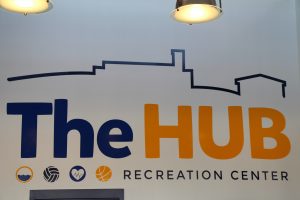 The HUB Recreation Center Decal Behind the Front Desk