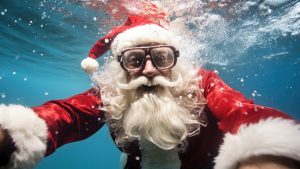 Picture of Santa underwater with a scuba mask on