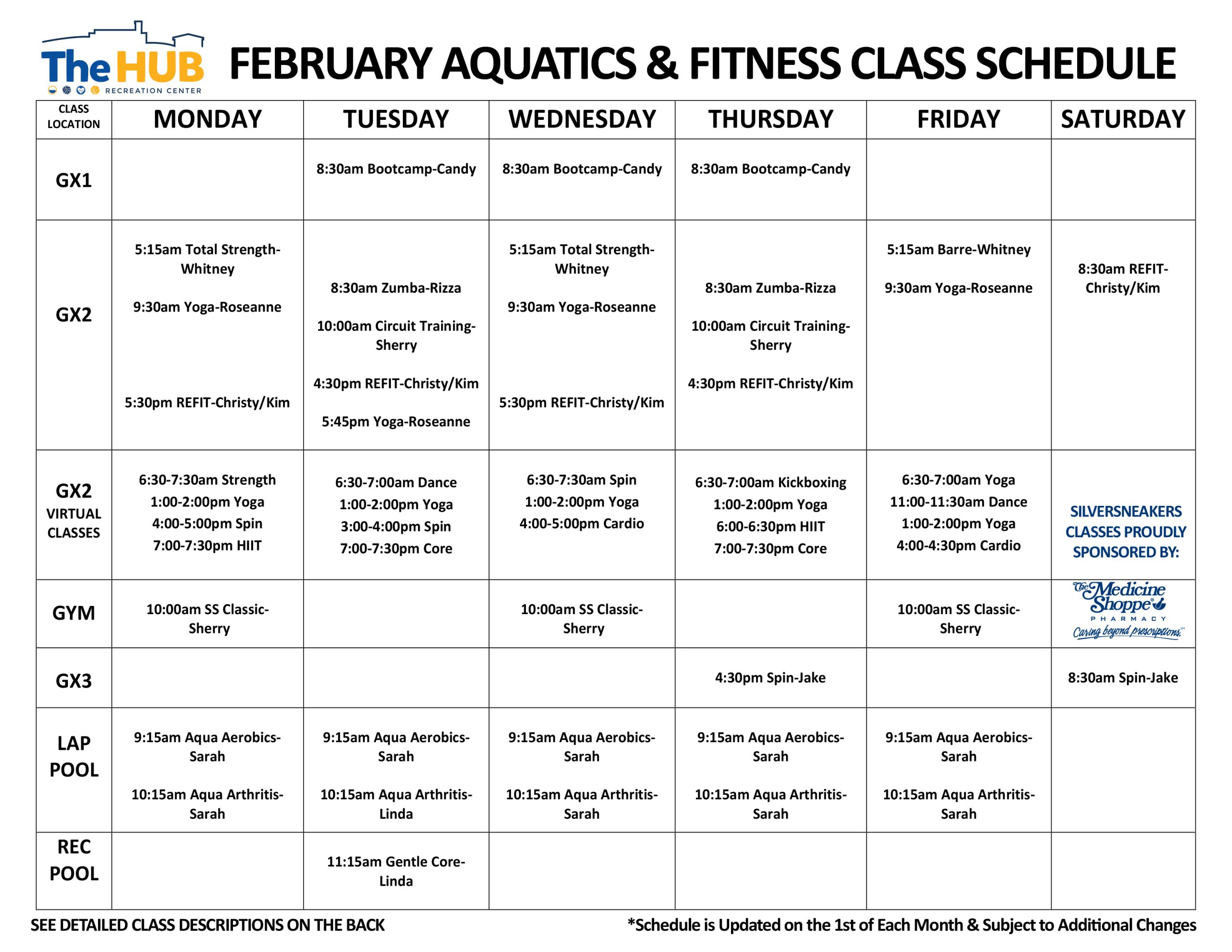 Fitness Class Schedule The Hub