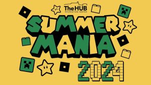 Green and Black Summer Mania 2024 on Yellow Background with Roblox, Super Mario Stars, and Minecraft Blocks in Lego Style Lettering