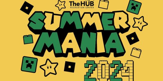 Green and Black Summer Mania 2024 on Yellow Background with Roblox, Super Mario Stars, and Minecraft Blocks in Lego Style Lettering